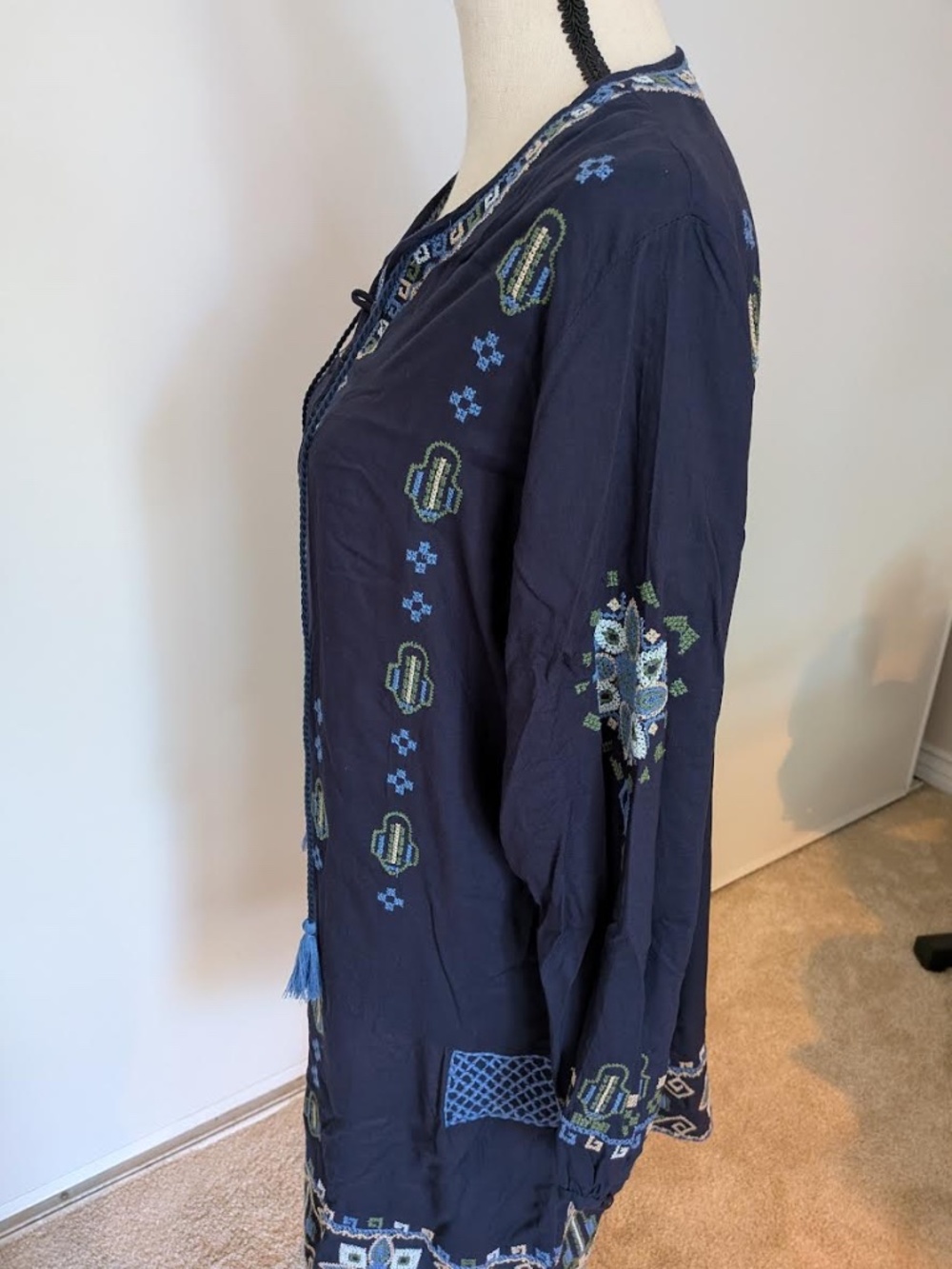 Raj Womens Navy Blue Embroidered Boho Tunic Dress Long Sleeve Tassel Size Large - Picture 4 of 7